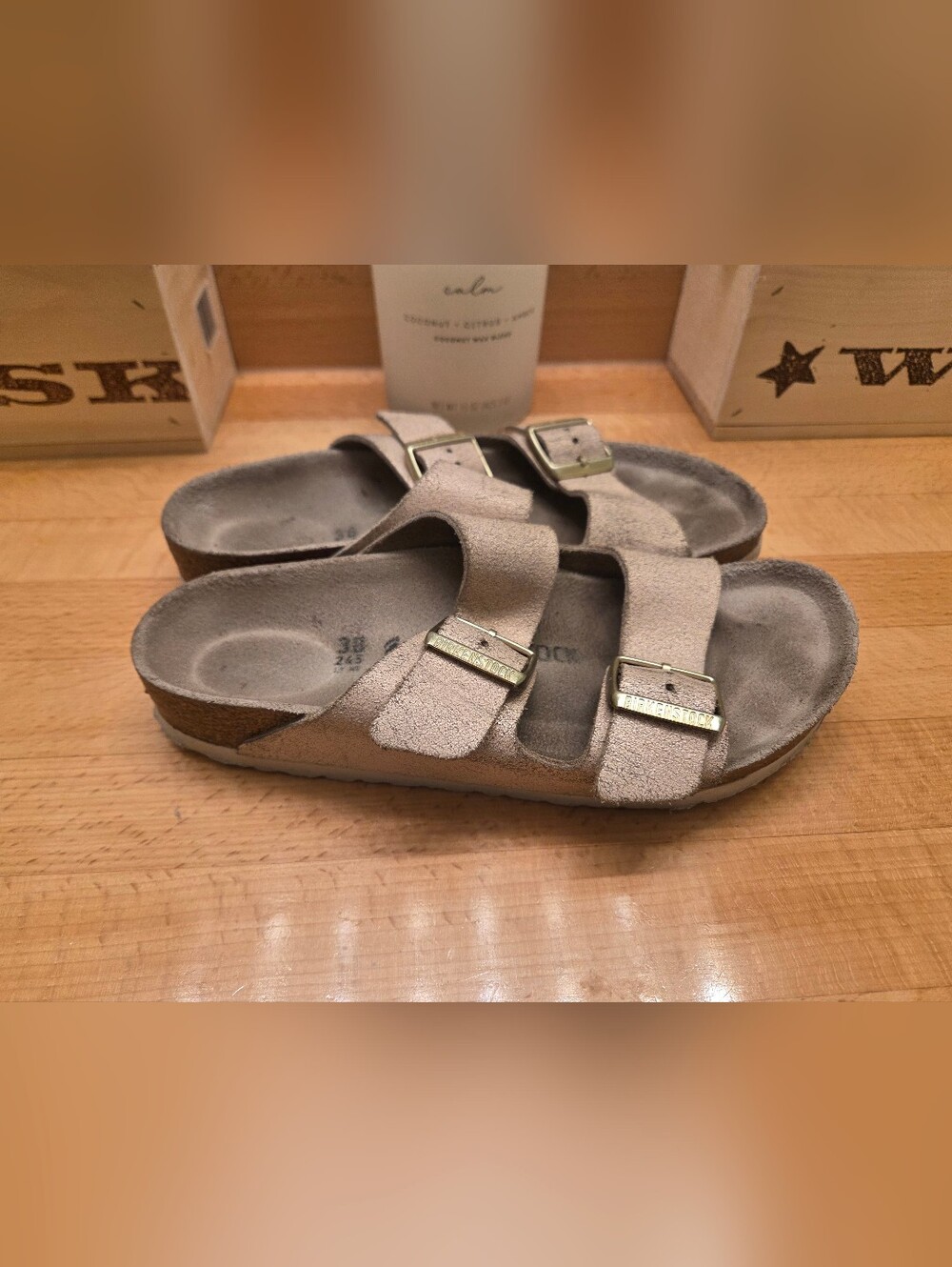 Birkenstock Arizona Sandals Washed Metallic Rose Gold Suede Leather Womens Sz 38